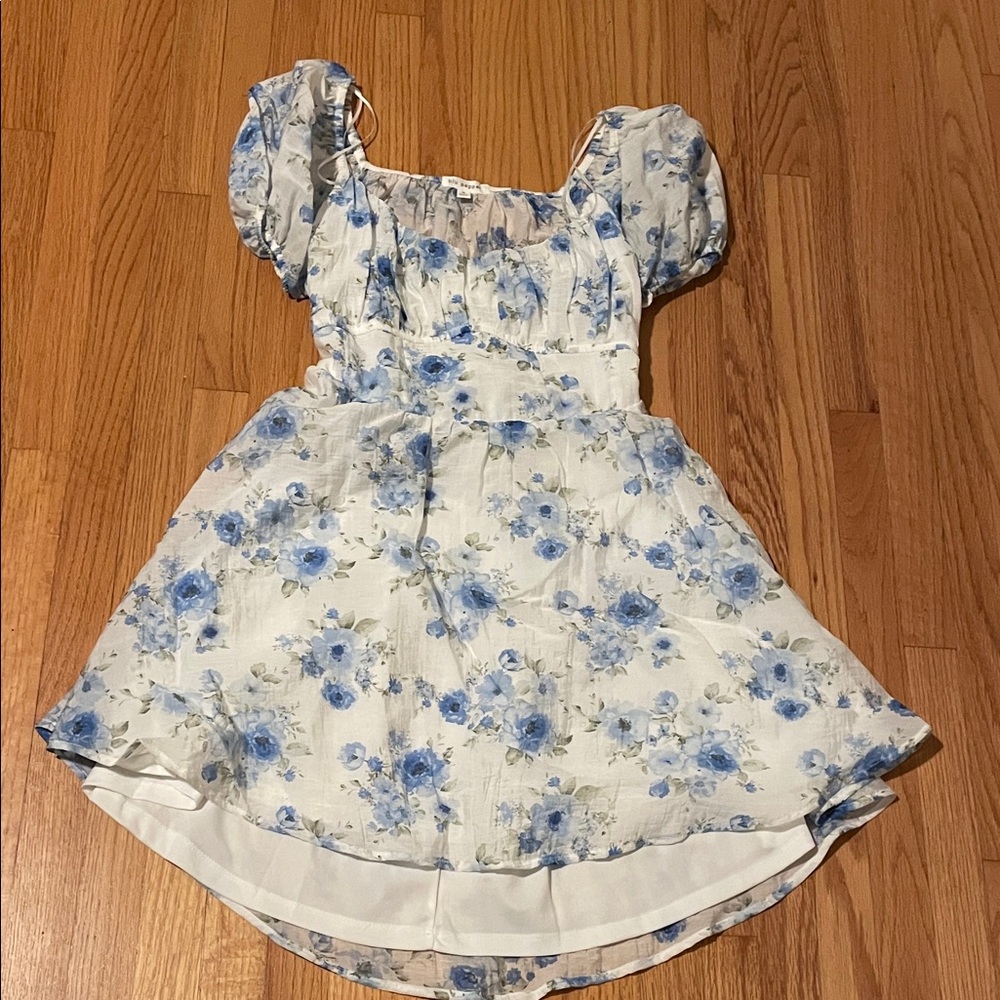 Blu Pepper White Dress with Blue Floral Print and Puff Sleeves